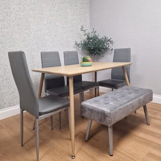 Kosy Koala Modern Brown Wooden Dining Table Set with 4 Grey Chairs and 1 Grey Bench – 1