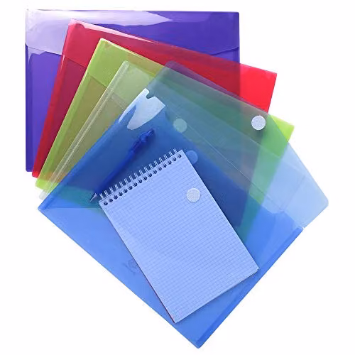 Exacompta Pack of 5 A4 Polypropylene Envelope Pockets with Hook and Loop Closure in Assorted Blue, Red and Purple – 2