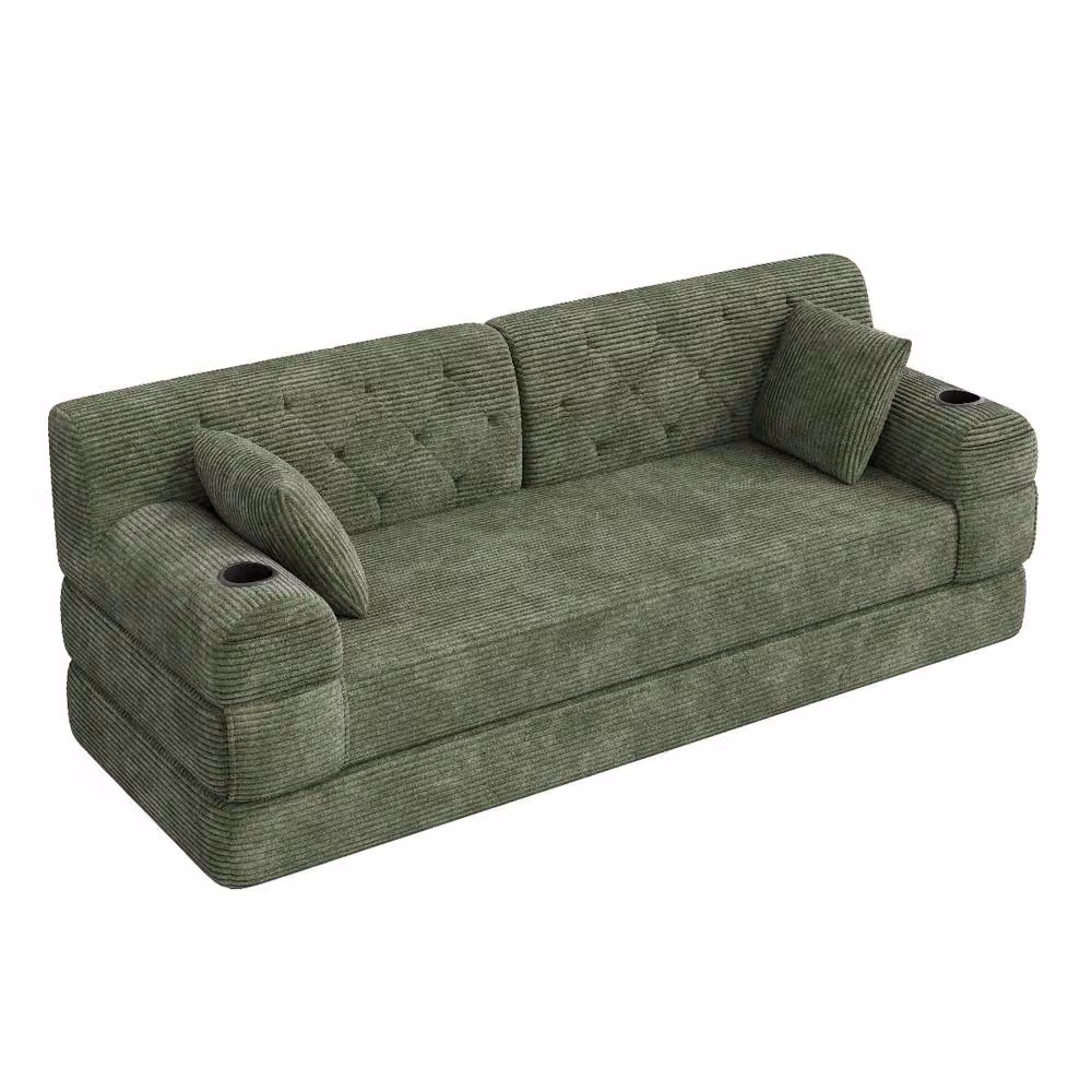 Rolipo Green 3-Seater Corduroy Sleeper Sofa with High Back and Cup Holders – 4