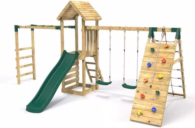 Rebo Modular Wooden Climbing Frame with Swing, Slide and Climbing Wall in Green/Dolomite