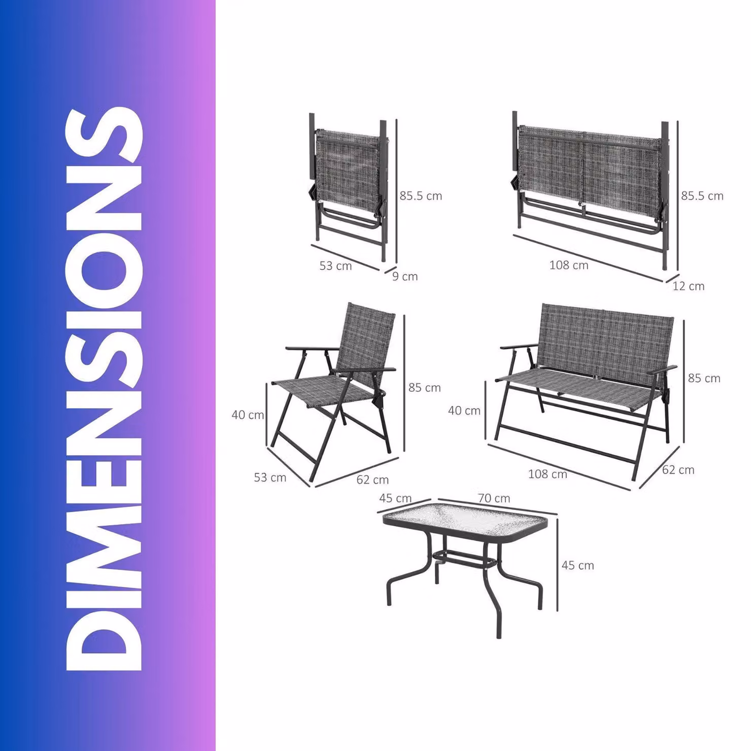 FURNOS Grey Metal and Glass Foldable Mesh Garden Bistro Furniture Set for Balcony or Terrace – 2