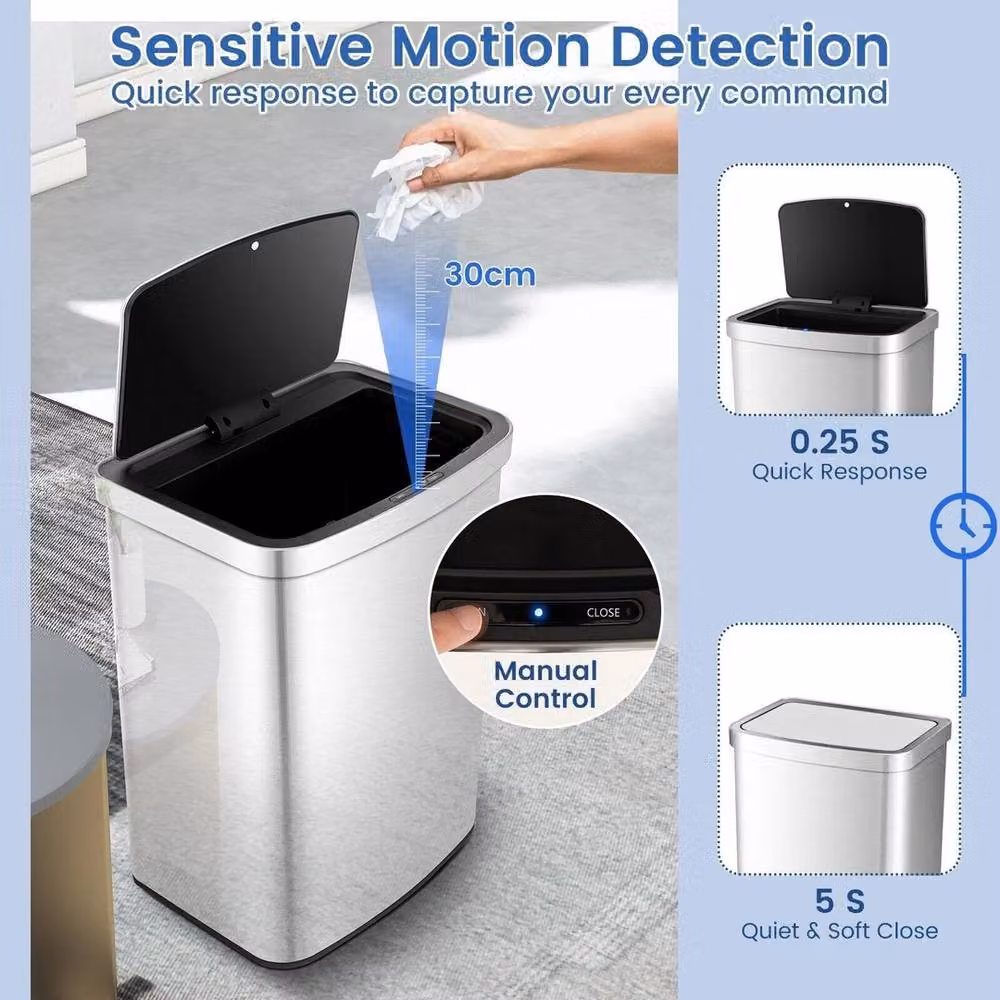VOGREX 50L Rectangular Motion Sensor Trash Can in Silver – 3