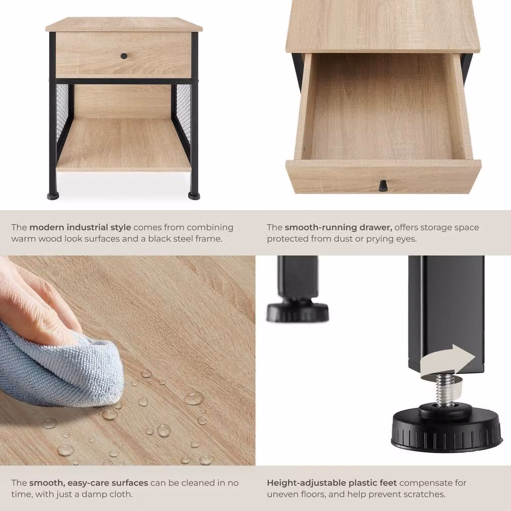tectake Killarney Bedside Table with Shelf, Drawer and Open Storage in Light Oak – 4