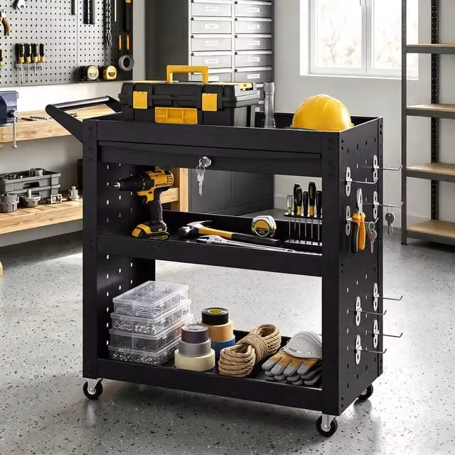 HOMCOM Steel Storage Trolley Cart with Lockable Wheels, Black