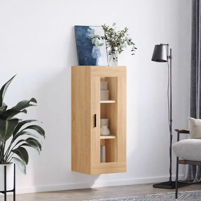 Berkfield Home Wall Mounted Sonoma Oak Cabinet with Glass Doors in Beige, W/D/H: 34.5 x 34 x 90 cm