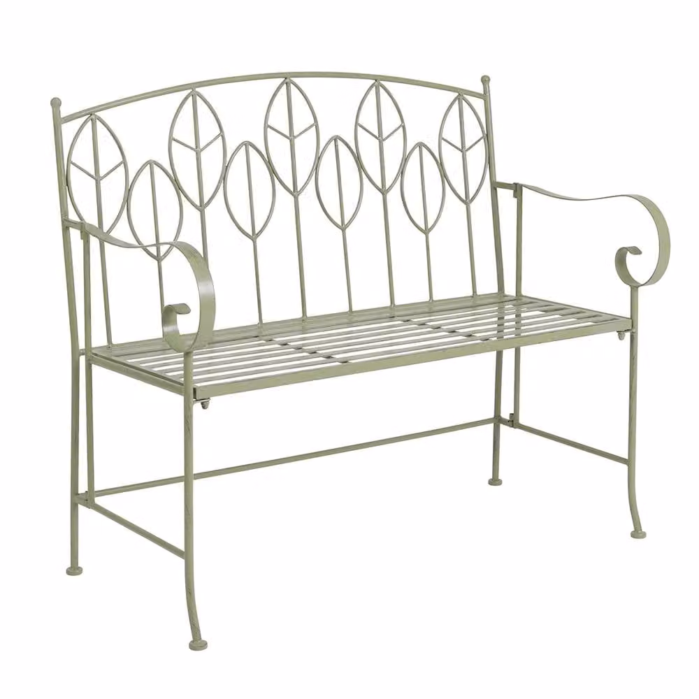 Charles Bentley Rustic Metal Garden Bench with Floral Leaf Design in Sage Green, W: 106 cm, H: 92.5 cm, D: 55 cm – 2