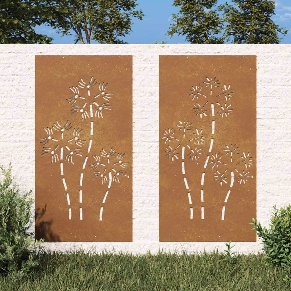 Berkfield Home Garden Floral Corten Steel Wall Decorations, 2 Pieces, Brown, H 105 cm x W 55 cm – 2