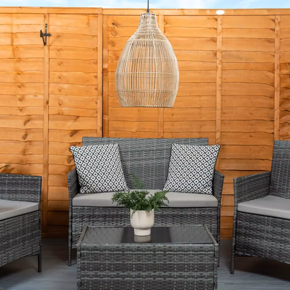 ValueLights Natural Teardrop Solar Powered Outdoor Hanging Pendant Light in Brown Rattan and Wood – 3