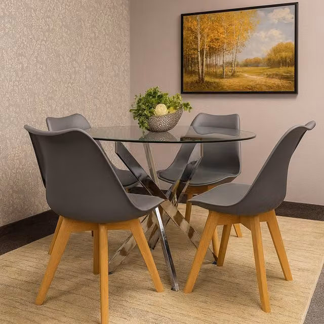 Kosy Koala Modern Glass Dining Table with 4 Grey Leather Chairs