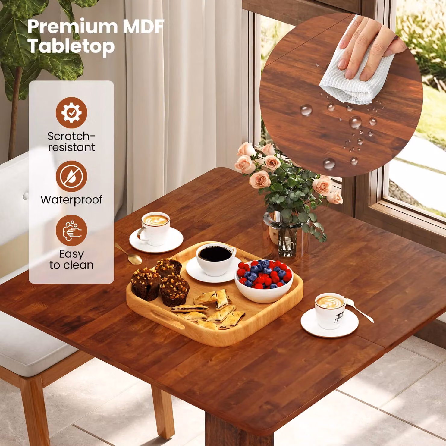 Gymax Square Wooden Kitchen Dining Table with Pedestal Base in Brown, W/D/H: 84 x 84 x 77.5 cm – 2