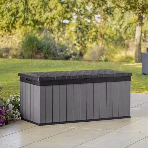 Keter Darwin 454L Outdoor Storage Box and Bench in Grey, Weatherproof Wood-Effect Composite Garden Deck Box with Hydraulic Lid – 2