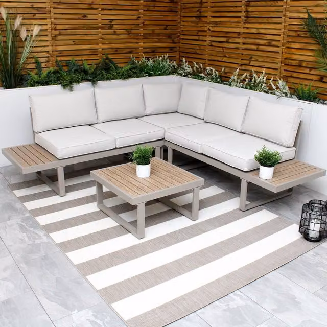 Modish Furnishing 5 Seater Modular L-Shape Corner Sofa Set in Beige with Powder Coated Aluminium Frame
