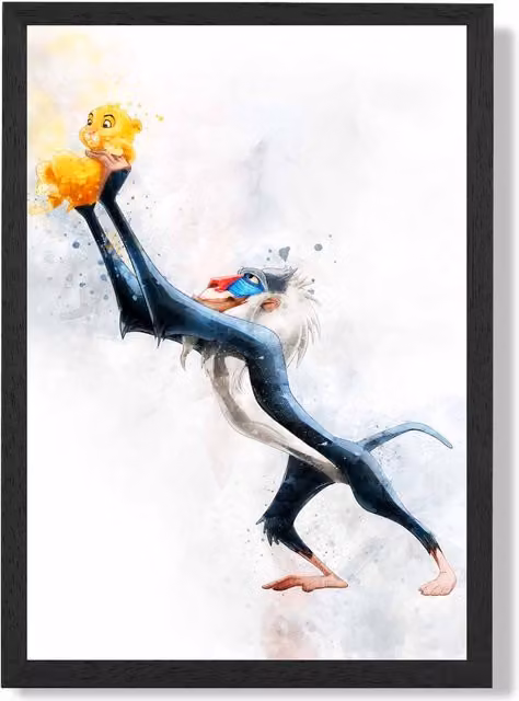 ARTZE Rafiki Watercolour Lion King Framed Print, Dark Blue and Multicolour, Black Frame, A3 – 1