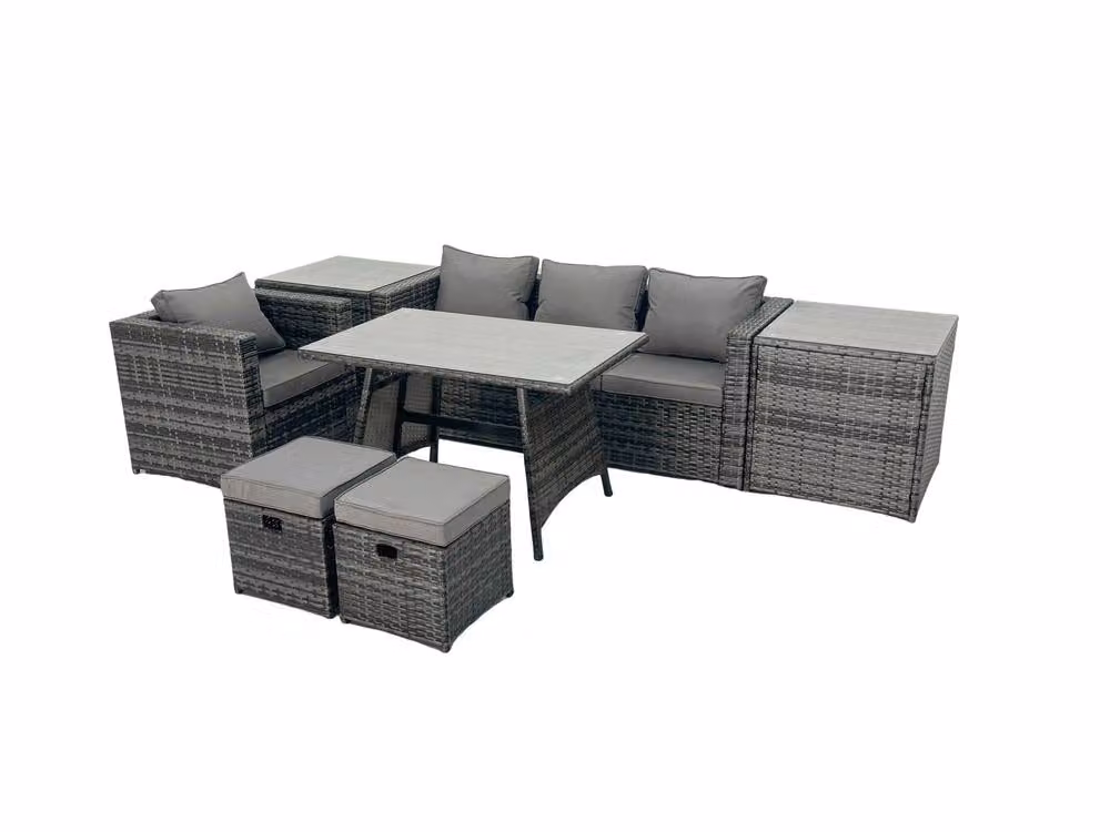 Fimous Rattan Dining Table and Sofa Set with 2 Side Tables and 2 Footstools in Dark Grey – 2