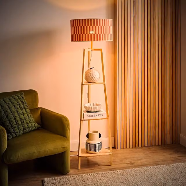 ValueLights Hiru Tripod Floor Lamp with Orange Checker Bamboo Shade and Bulb – 1