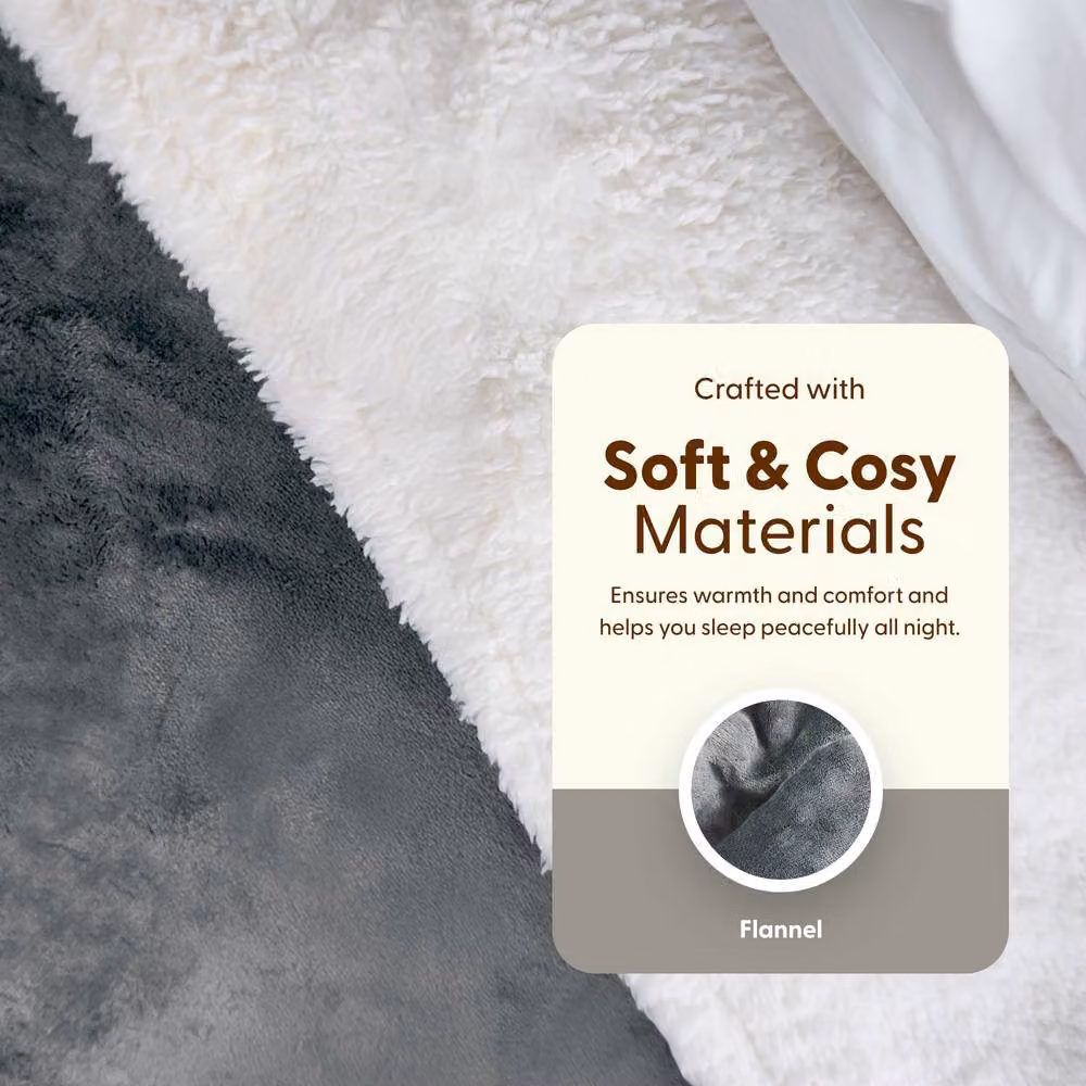 Keplin Large Electric Heated Throw Blanket in Grey, Fleece and Sherpa Wool Duvet with 9 Heat Settings and Timer, W/D/H: 160 x 130 x 130 cm – 6