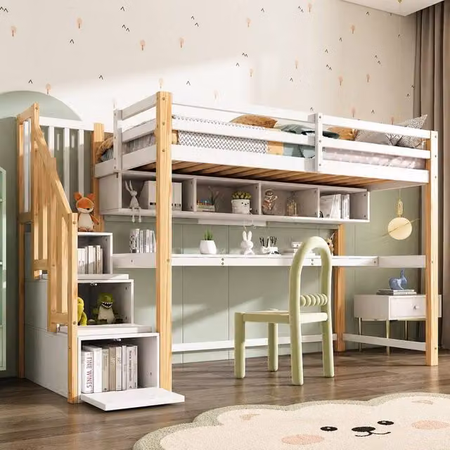 Merax Single Pine High Sleeper Bed with Desk, Storage Stairs and Side Compartments, White, W/D/H: 190 x 90 x 165 cm – 1