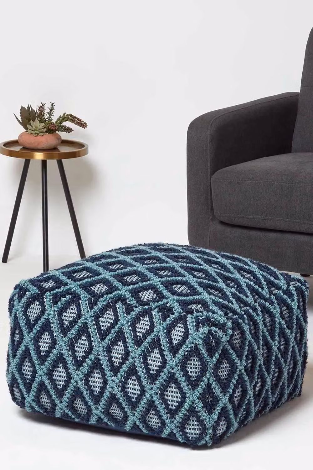 Homescapes Tula Handwoven Textured Pouffe Bean Cube in Blue, W/D/H: 55 x 55 x 55 cm – 2