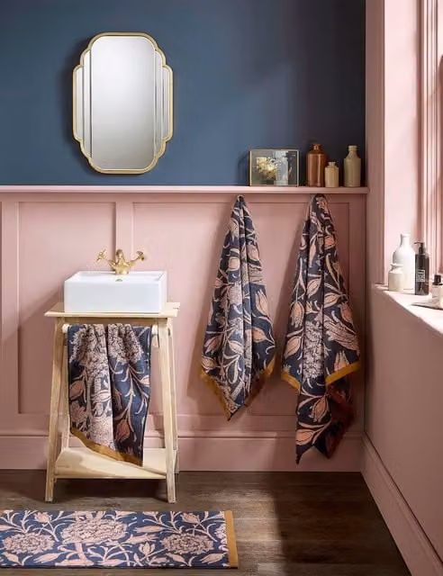 William Morris At Home Wild Tulip Floral Pure Cotton Towel in Navy Mix with Blue, Pink and Gold Accents