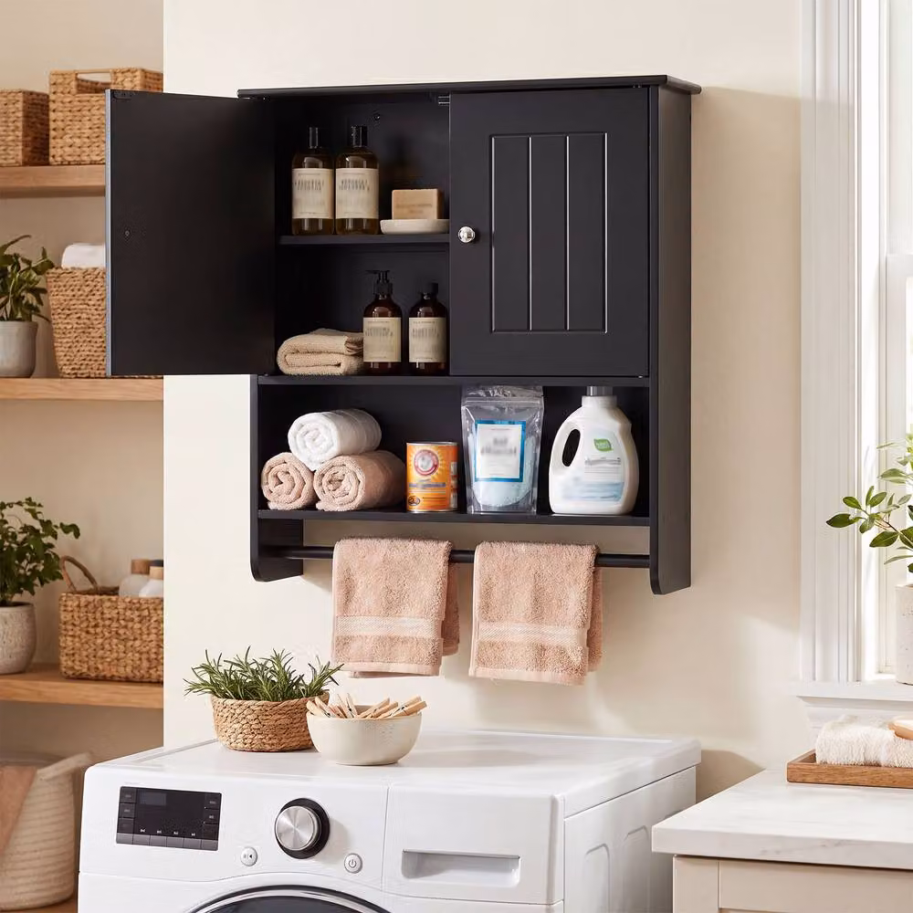 Costway Modern Black Wall Mounted Bathroom Cabinet with 2 Hinged Doors, Open Shelf and Internal Shelving – 5