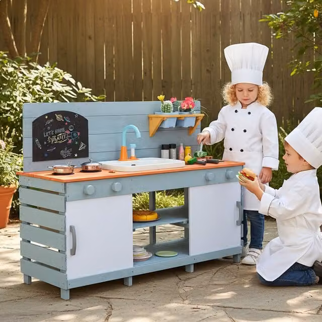 Costway Wooden Kids Play Kitchen Playset in Blue