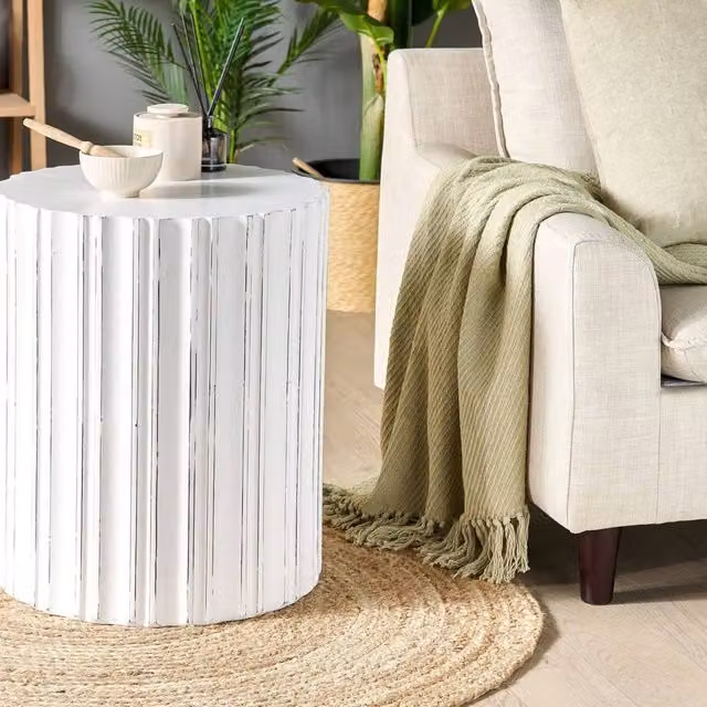 Wyld and Coco Evermore Round Side Table in White Distressed MDF, W/D/H: 45 x 45 x 45 cm