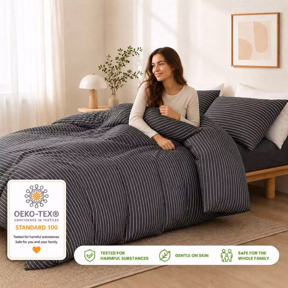 Lazzaro Home Feel the Difference Reversible Striped Double Brushed Microfibre Duvet Cover Set in Charcoal Grey, W: 180 cm x H: 200 cm – 2