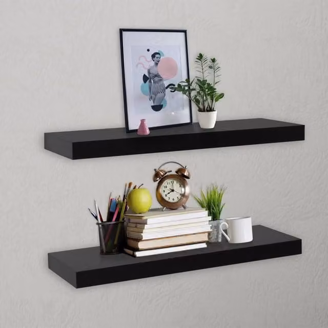 Berkfield Home Set of 2 Black Lacquered Floating Wall Shelves, W: 60 cm, D: 20 cm, H: 3.8 cm
