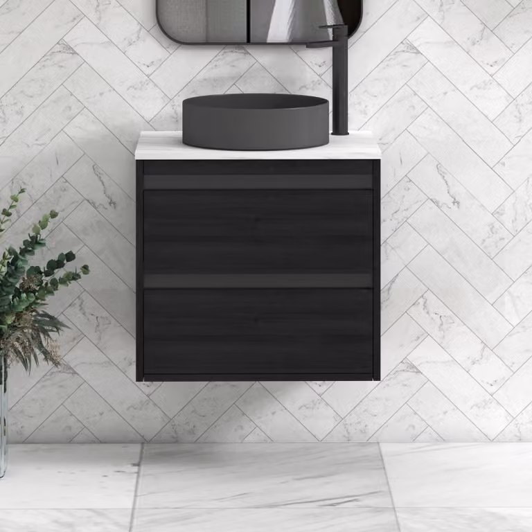 Royal Bathrooms Orion 600mm Hale Wall Hung Vanity Unit with Carrara White Countertop, 2 Drawers, Art Round Basin and Black Accent Trim in Black and White