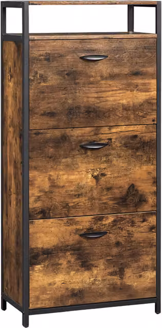 Furnold Rustic Brown 3 Drawer Shoe Storage Cabinet with Tilting Compartments and Open Shelf