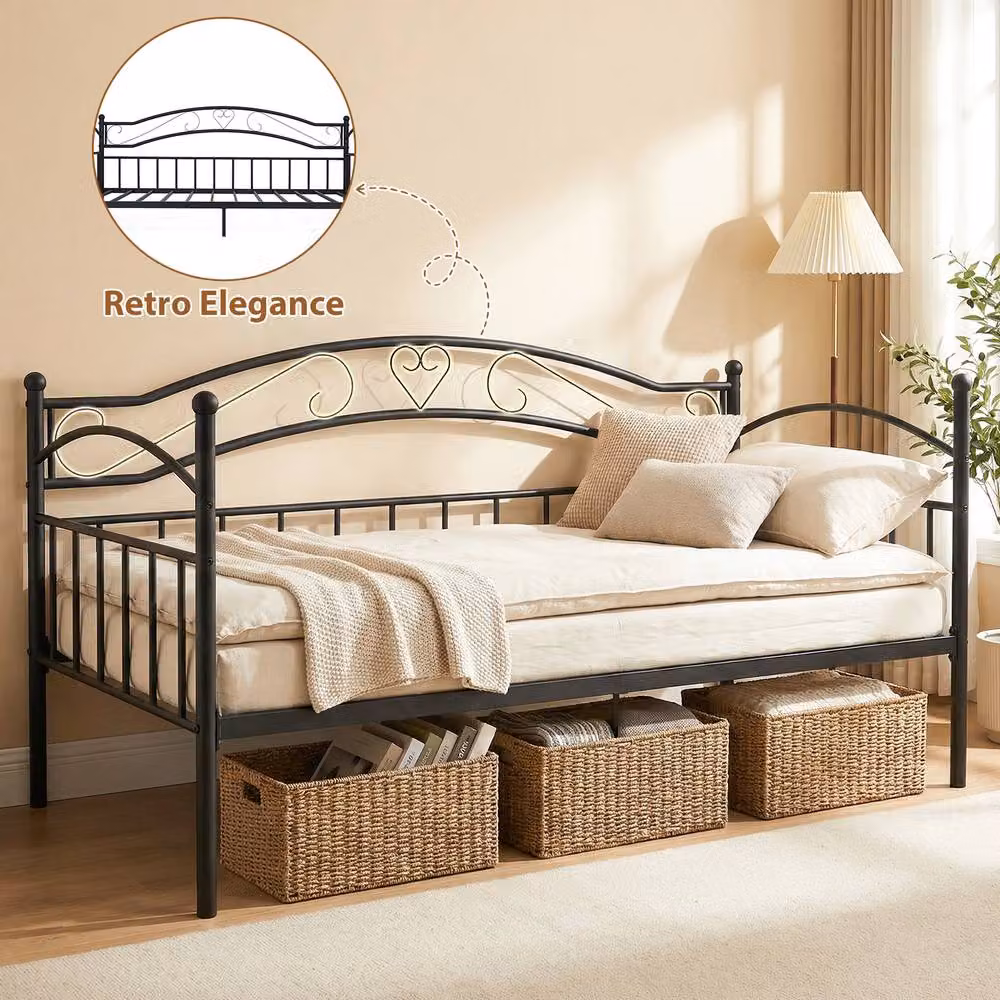 Gymax Single Metal Daybed Frame with Classic Headboard in Black – 7