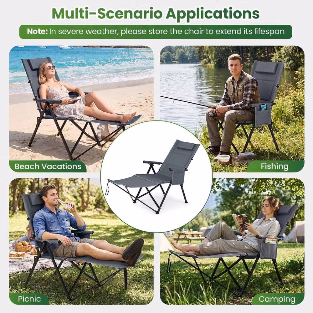 KORVIXA Grey Folding Lounge Chair with Adjustable Headrest and Armrests – 3