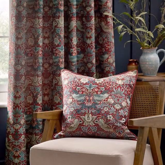 Morris & Co. Strawberry Thief Feather Rich Filled Jacquard Velvet Cushion, Berry, W/D/H: 55 x 55 x 55 cm