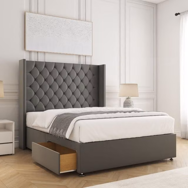 BSSPOKE Winchester Plush Grey Velvet Divan Bed with 54 inch Headboard, 2 Drawers and Mattress, W/D/H: 140 x 200 cm