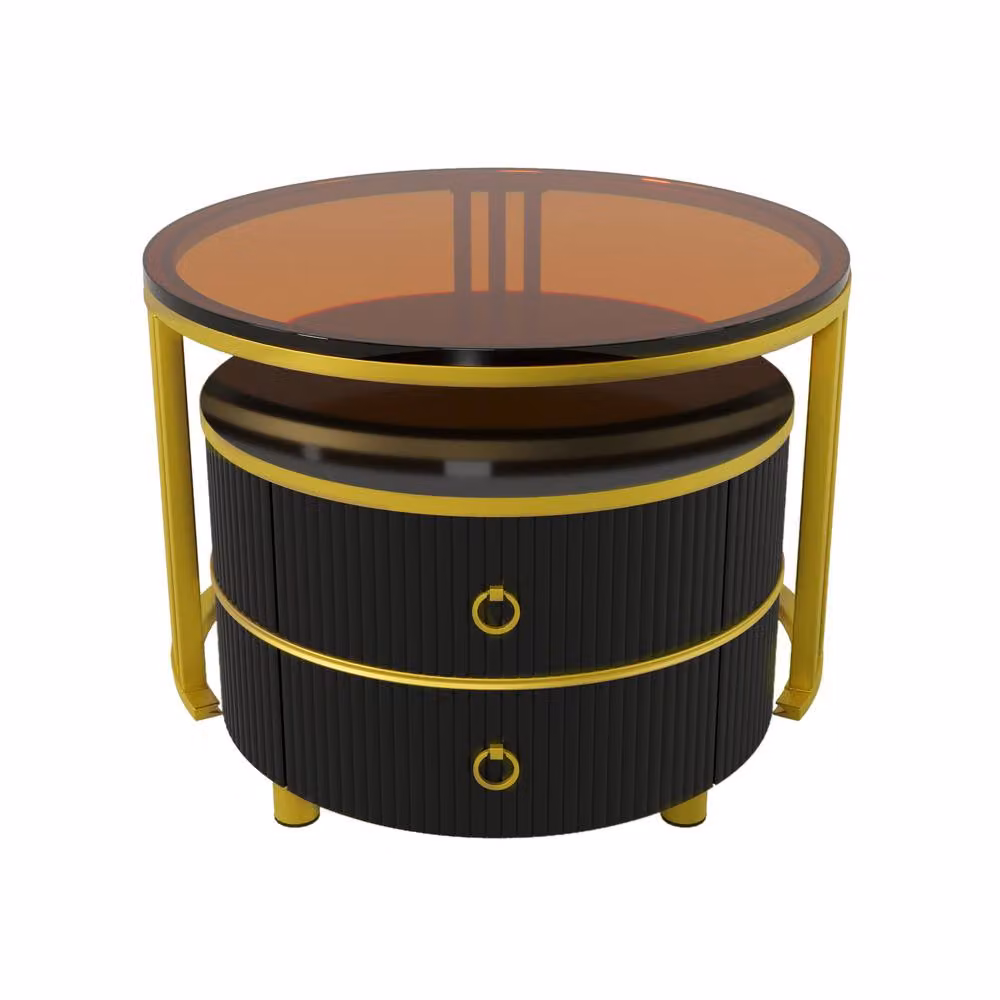 STILVORA 2 Piece Round Coffee Table Set with 2 Drawers in Brown and Black – 5