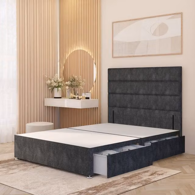 Horizona Grey Fabric Divan Bed Base with 4 Drawers and 54 inch Floor Standing Headboard W/D/H: 180 x 200 x 34.5 cm