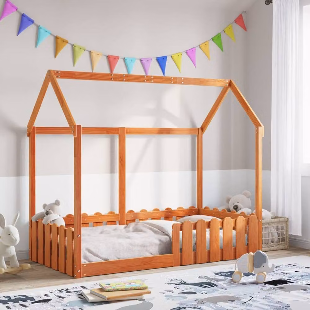 Berkfield Home Kids House Bed Frame in Waxed Brown Solid Pine, W/D/H: 80 x 160 cm – 2
