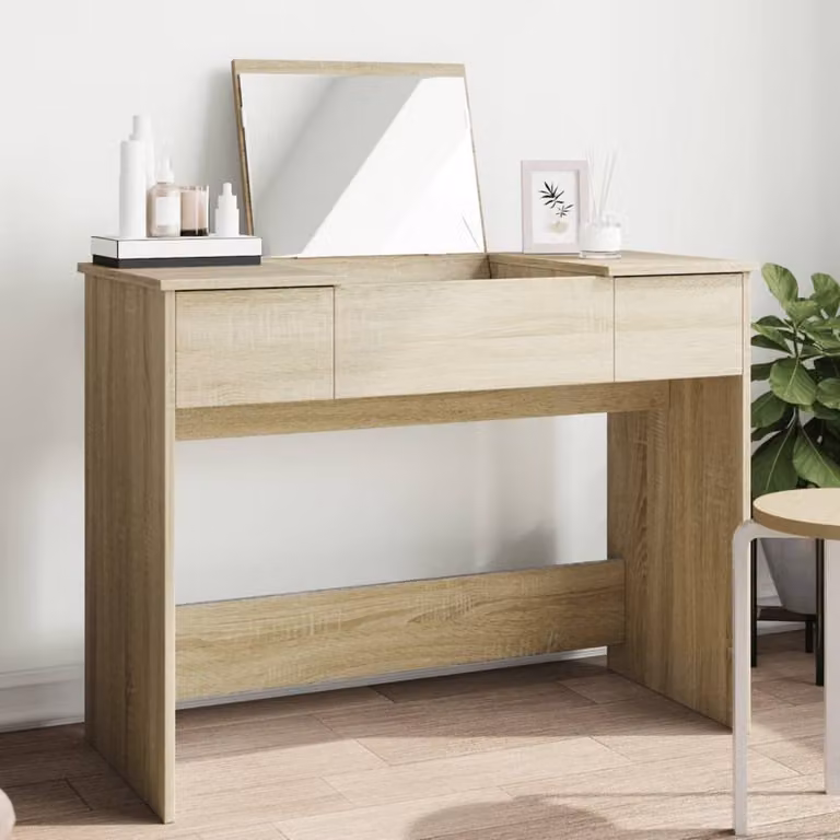 Berkfield Home Sonoma Oak Dressing Table with Mirror in Light Tan, W: 100 cm, D: 45 cm, H: 76 cm