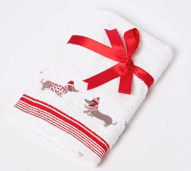 Homescapes White 100% Cotton Christmas Hand Towel with Red Dachshund Embroidery