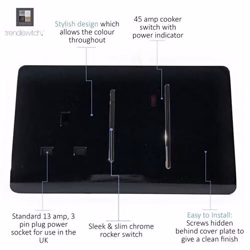 Trendi 45 A Cooker Switch with Plug Socket and Neon Insert, Black – 4