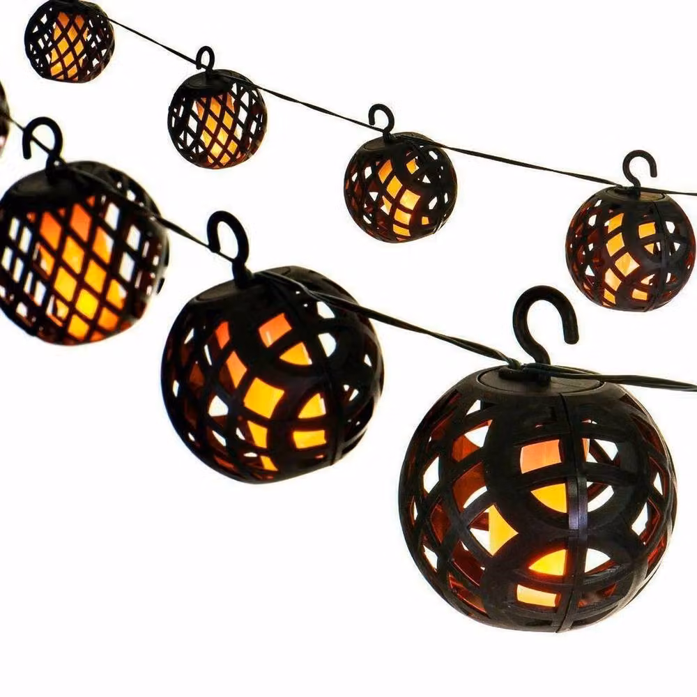 KORVIXA 8-Piece Solar Rattan Sphere LED Hanging Garden Lights with Flame Effect in Black – 3