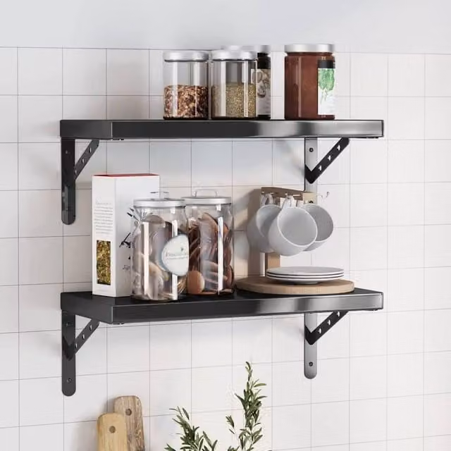 Berkfield Home Black Stainless Steel Wall Mounted Shelves, 2 Pack, W: 50 cm, D: 23.5 cm