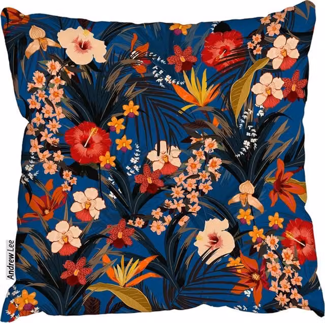 Andrew Lee Tropical Background With Deep Jungle Plants Cushion, Red and Blue, W: 60 cm, H: 60 cm