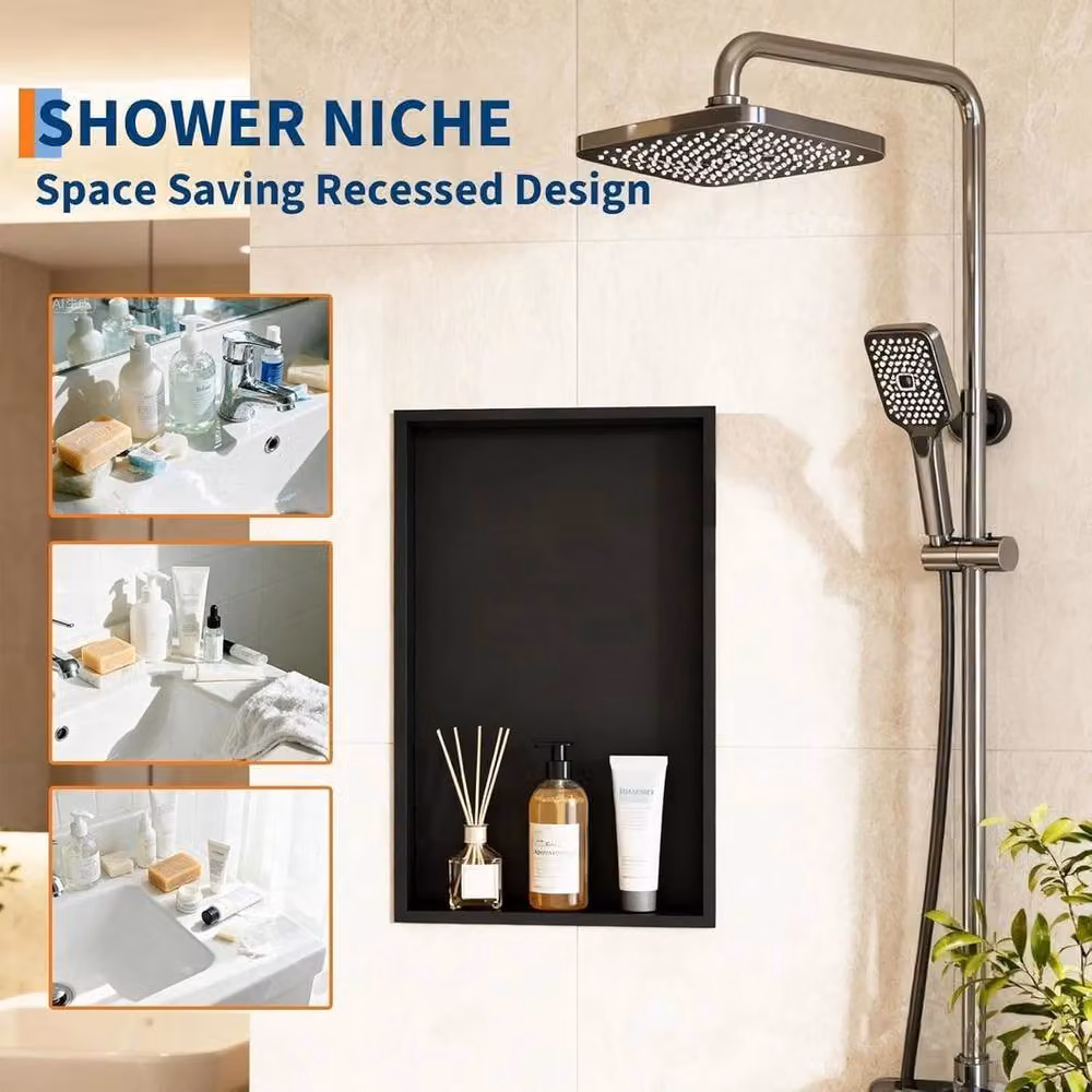 VOGREX Black Stainless Steel Recessed Bathroom Shower Niche Storage W/D/H: 30.48 x 10.16 x 61.0 cm – 4