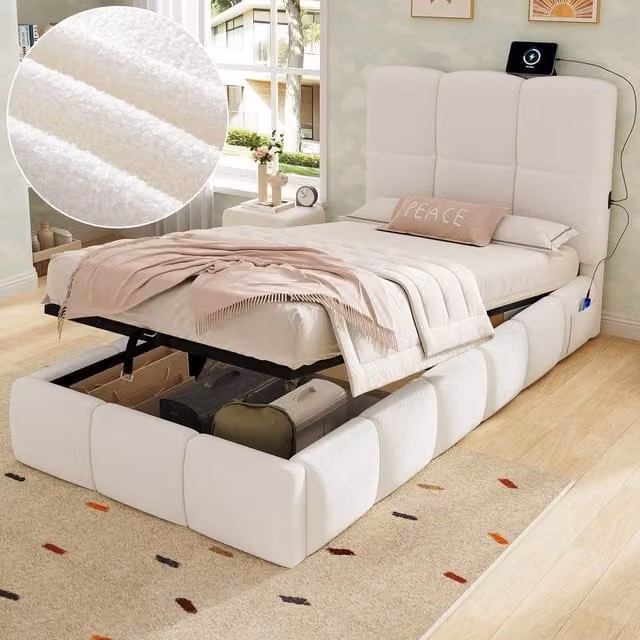 Rolipo Bouclé Upholstered Double Bed with Hydraulic Storage and USB Charging Port, Beige, W/D/H: 140 x 200 cm