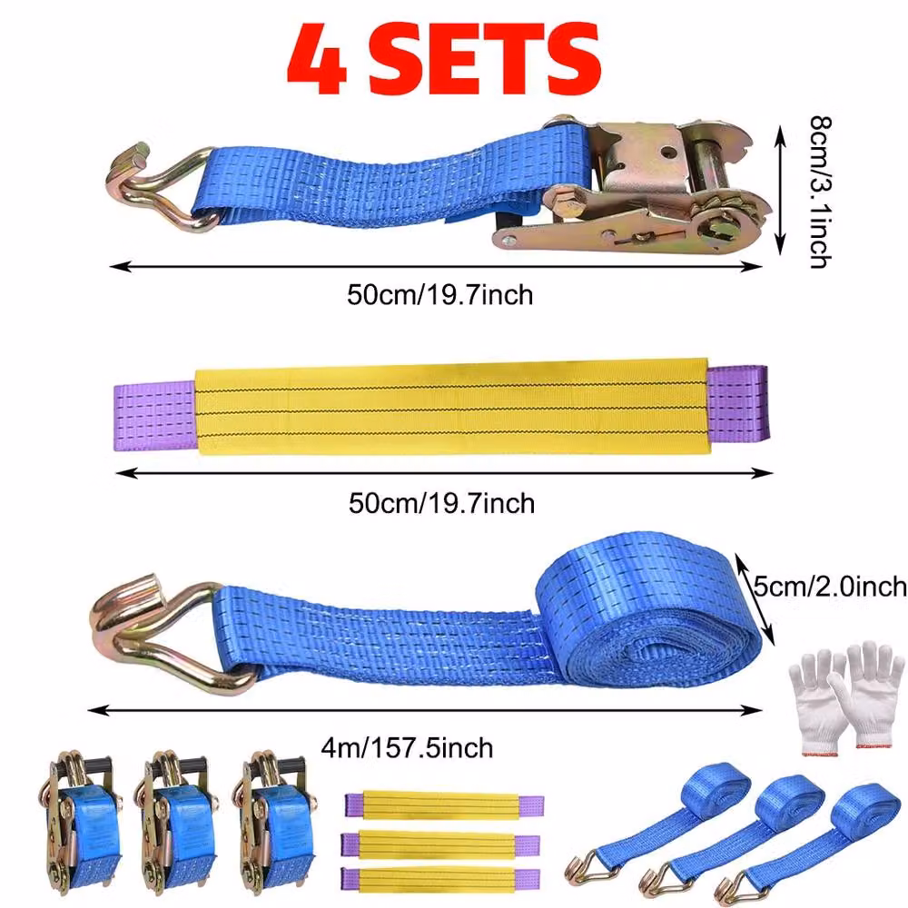 Ventryn 4 Piece Ratchet Wheel Strap Set in Blue with 50mm Width, 4 Metre Length and 5T Capacity including Round Slings – 2