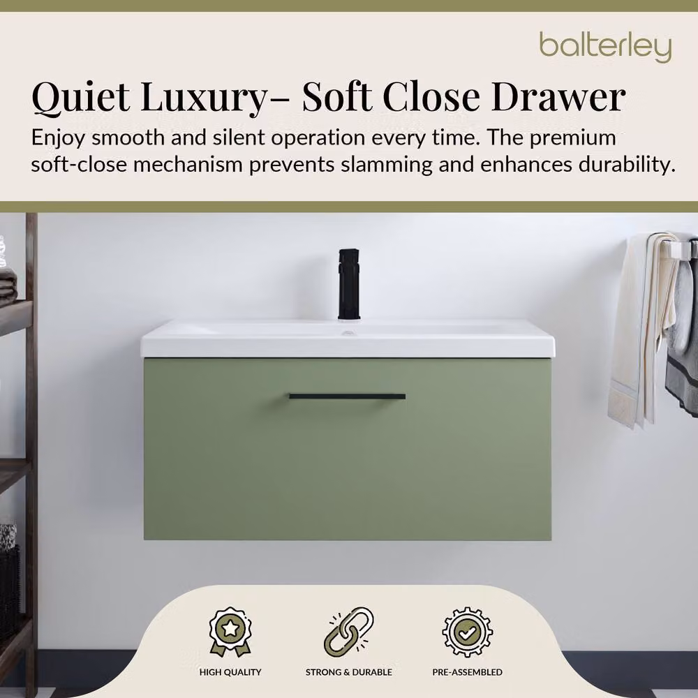 Balterley 800mm Wall Hung 1 Drawer Vanity Basin Unit in Satin Green with Black Handle – 3