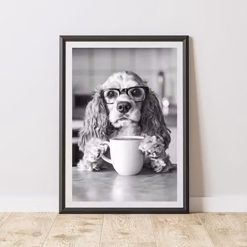 60 Second Makeover Funny Cocker Spaniel Drinking Coffee Paper Poster, A3, Multicolour