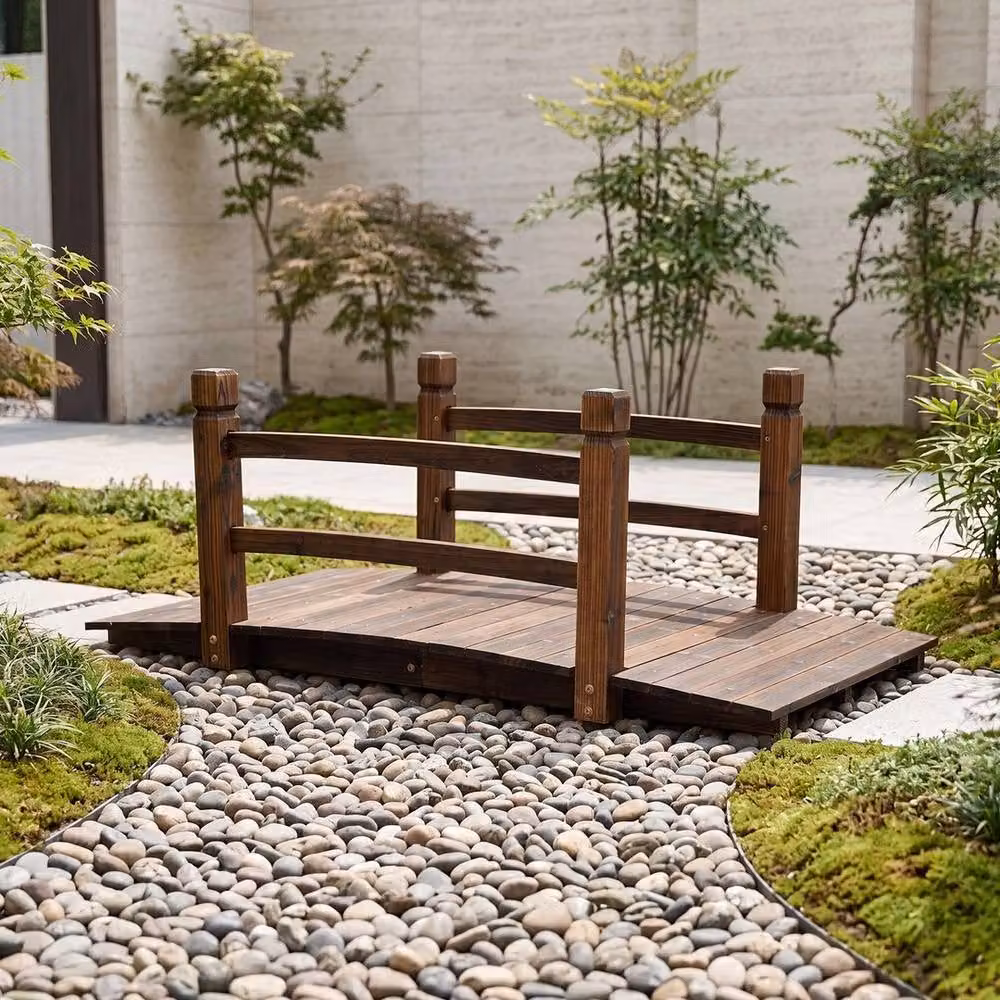 NESTLUNE Brown Wooden Decorative Outdoor Walkway Garden Bridge – 4