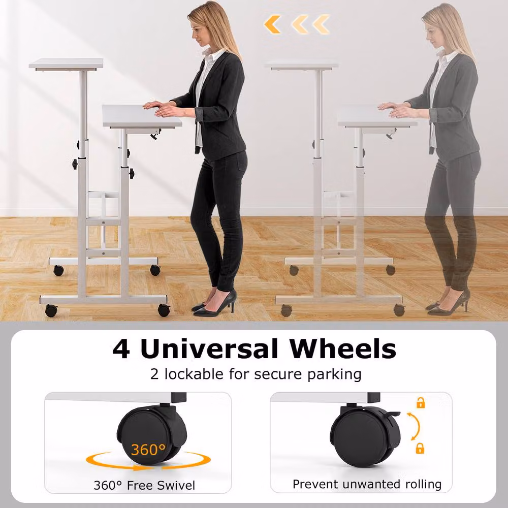 Costway Mobile Sit to Stand Computer Desk with Manual Crank and Castors, White – 4